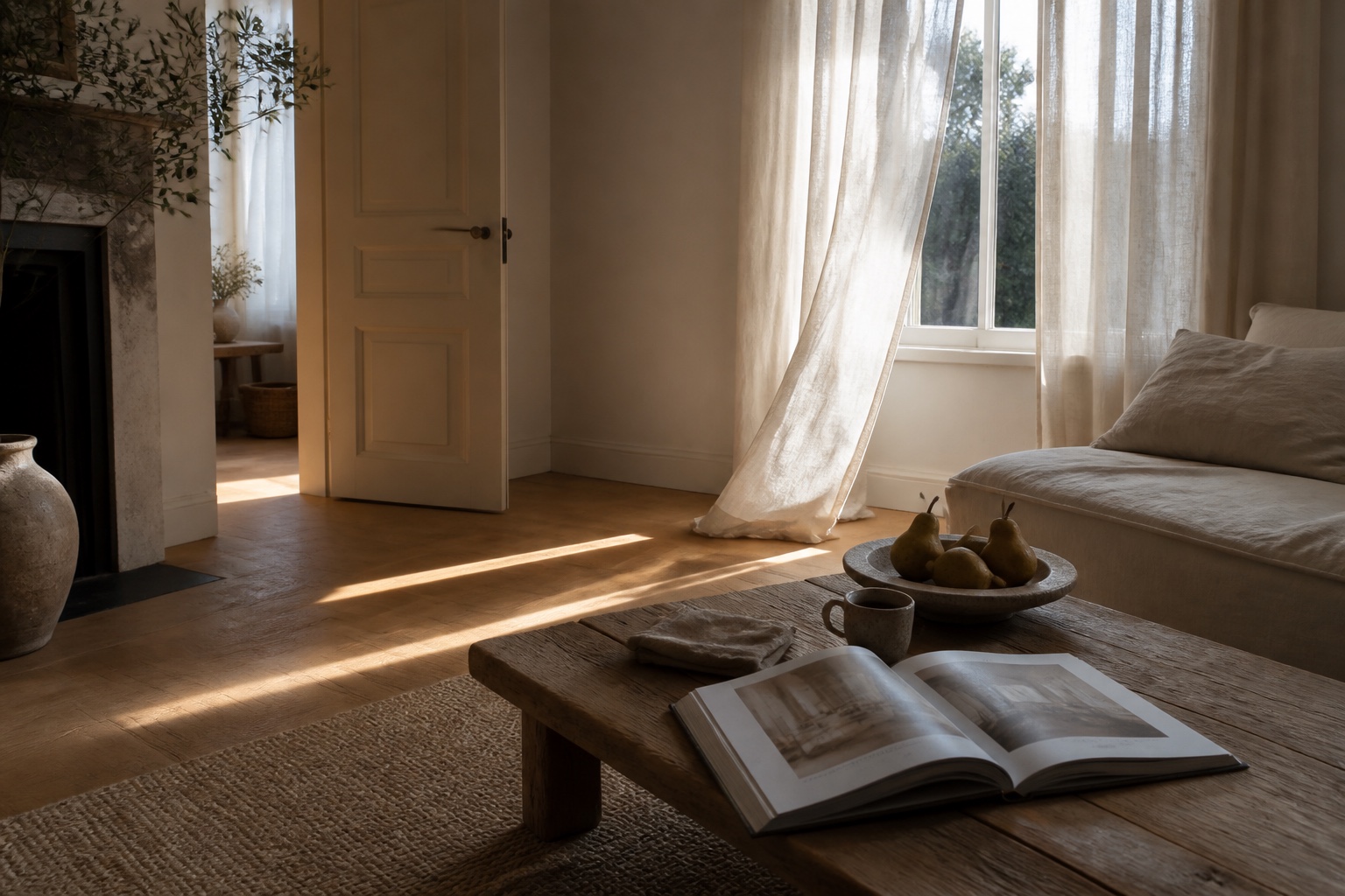 Morning sunlight crossing oak floors beside linen curtains, coffee, pears, and an open book