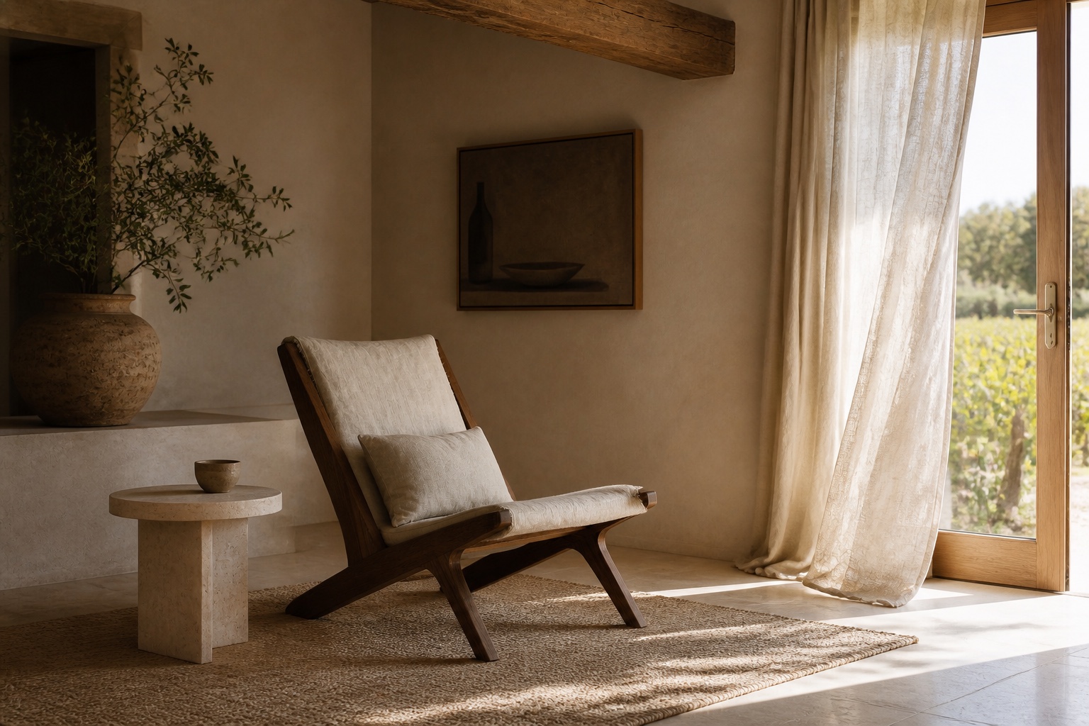 Sculptural wood lounge chair with linen cushion beside limestone side table and moving curtains