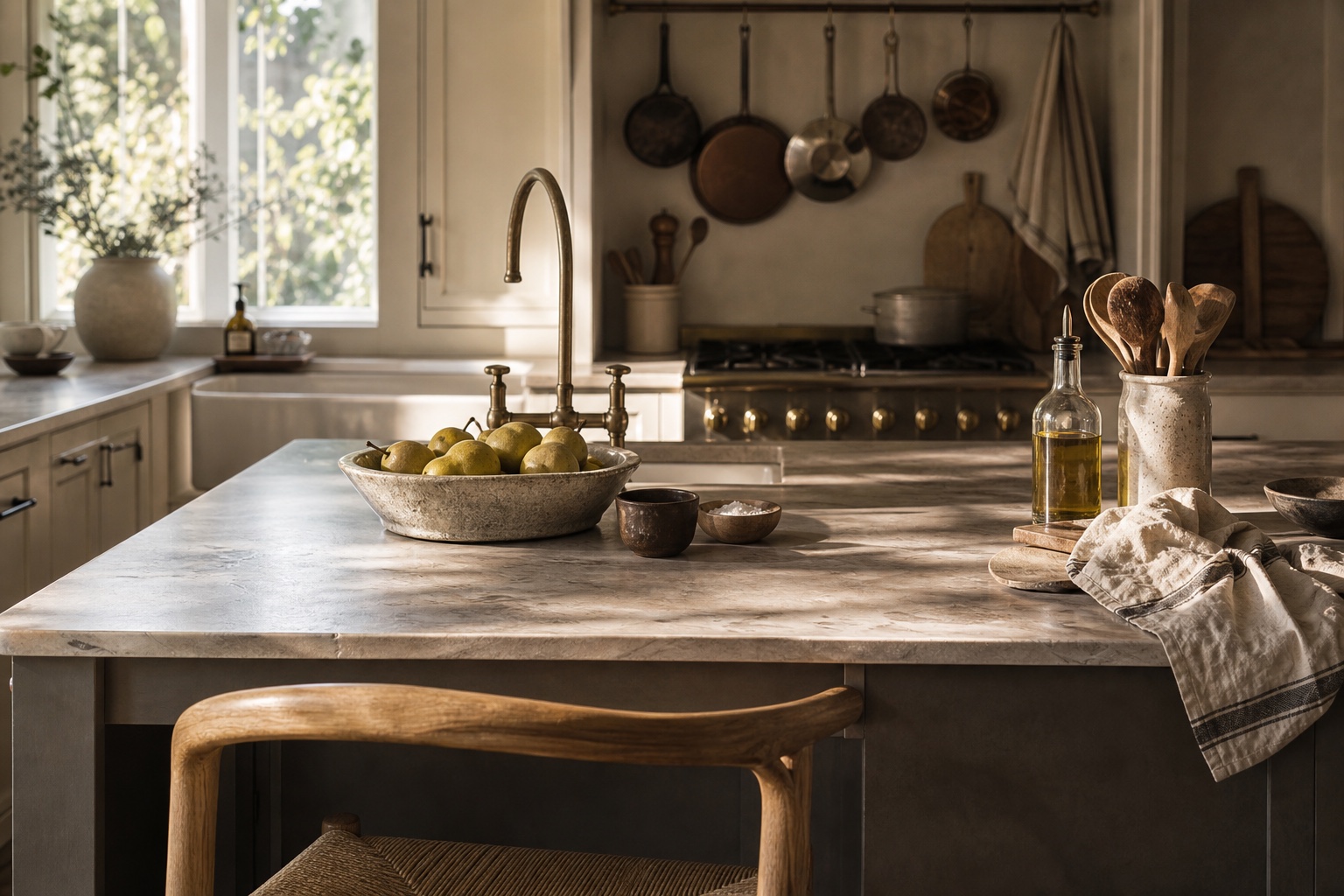 Conceptual AI-modified Sonnetta kitchen with warm wood cabinetry and plaster; no cutting board or purchasable product is shown.