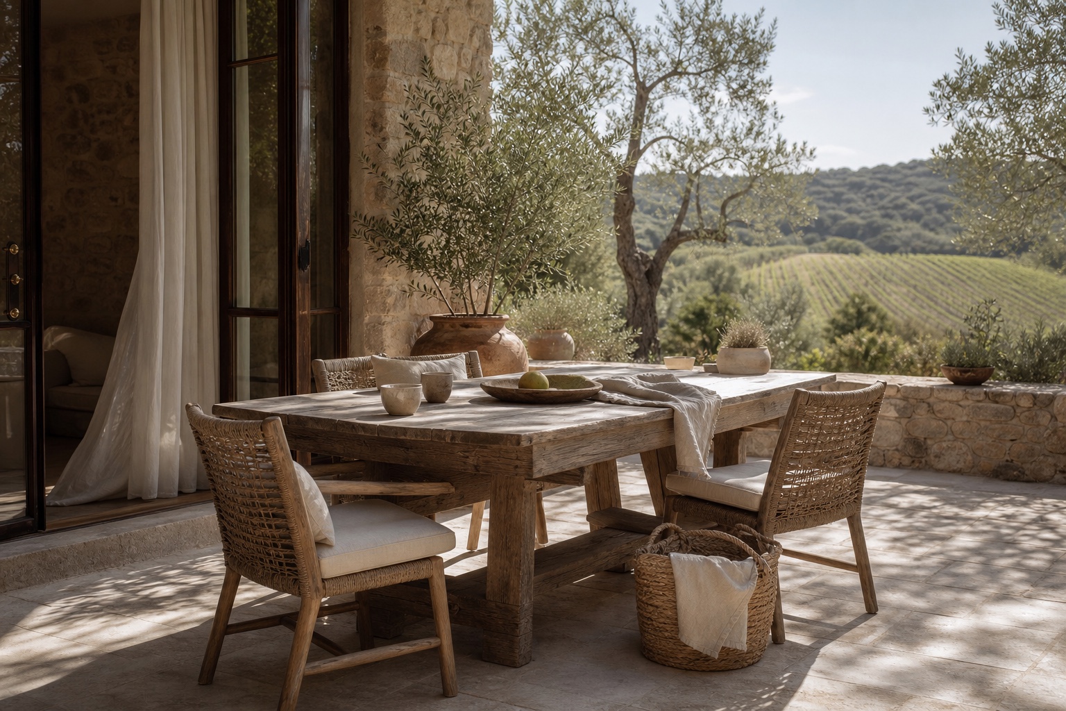 Quiet outdoor terrace with stone, natural greenery, and warm light