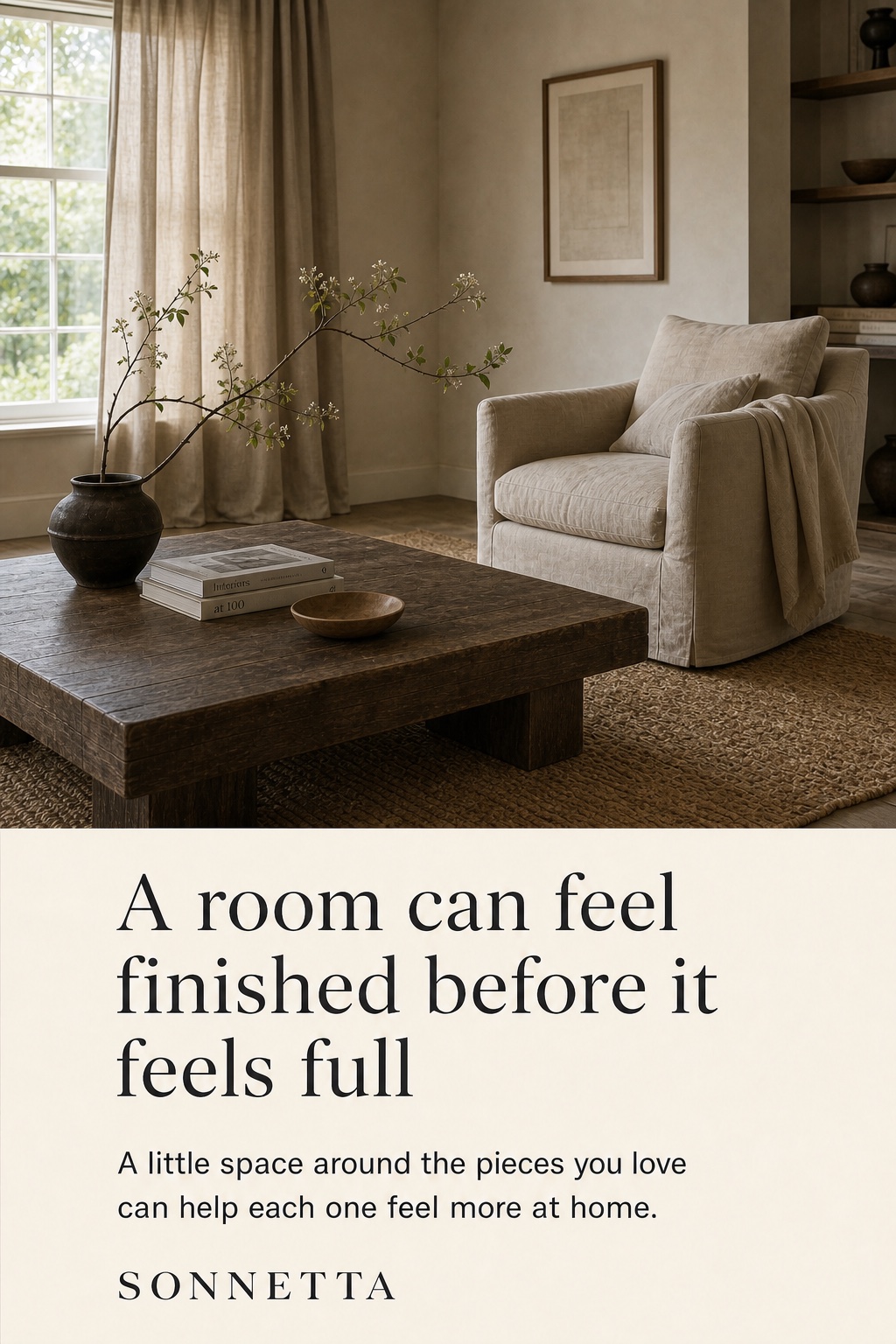Conceptual AI-modified Sonnetta room with linen, aged wood, plaster, and daylight; the Foundry pillow cover is not pictured.
