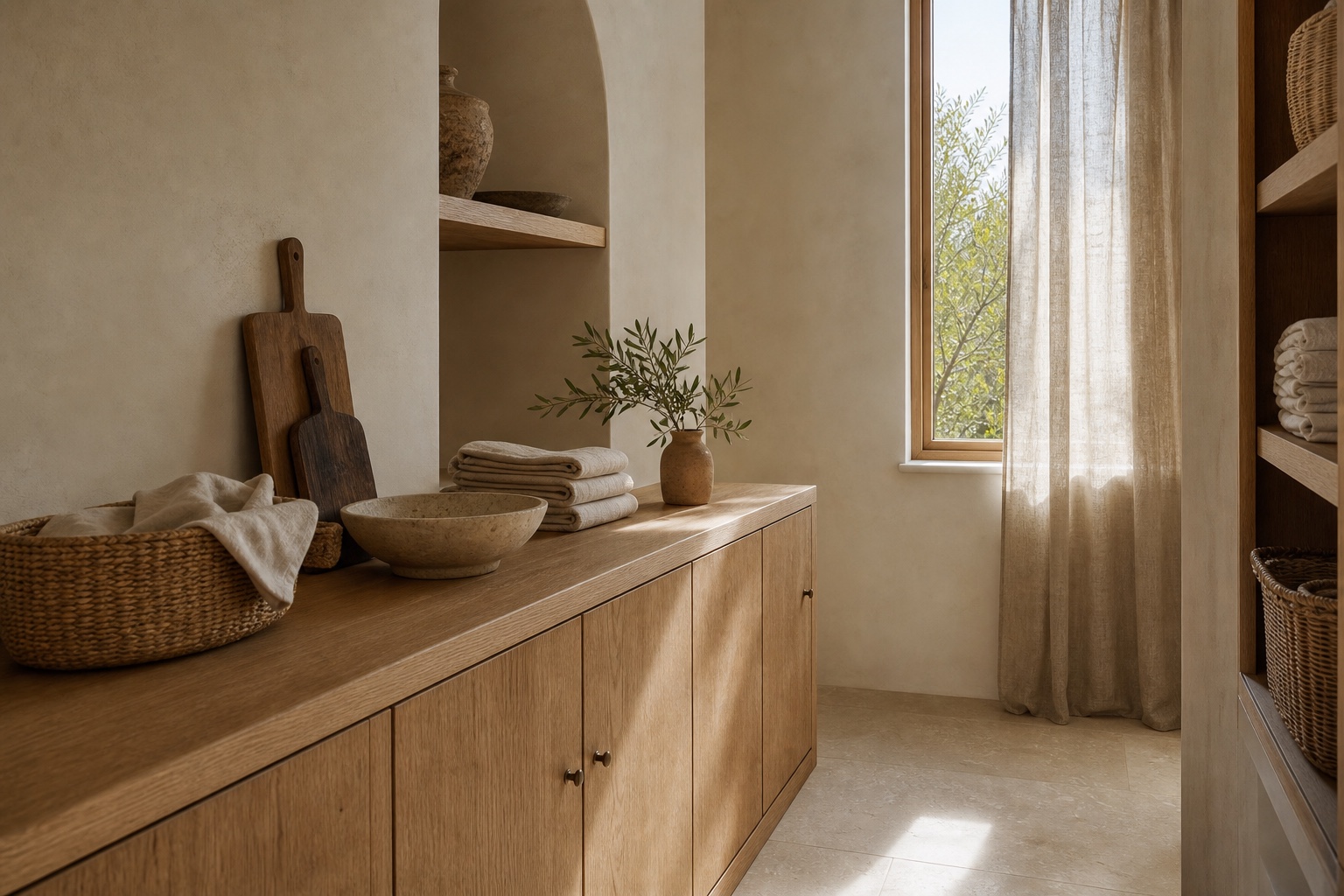Calm built-in storage with ceramics, baskets, books, and warm plaster