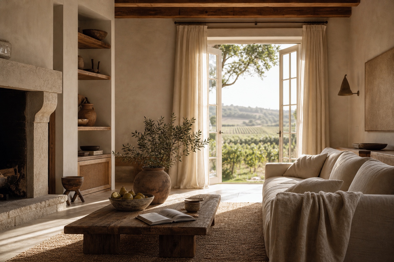 Sunlit living room with linen sofa, open French doors, oak table, fruit, coffee, books, and olive branches