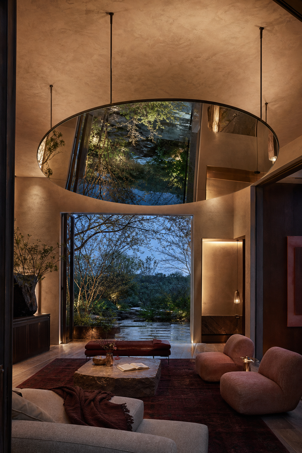 Conceptual AI-modified Sonnetta salon with an enormous oval mirror suspended beneath the ceiling, reflecting the garden like a second sky
