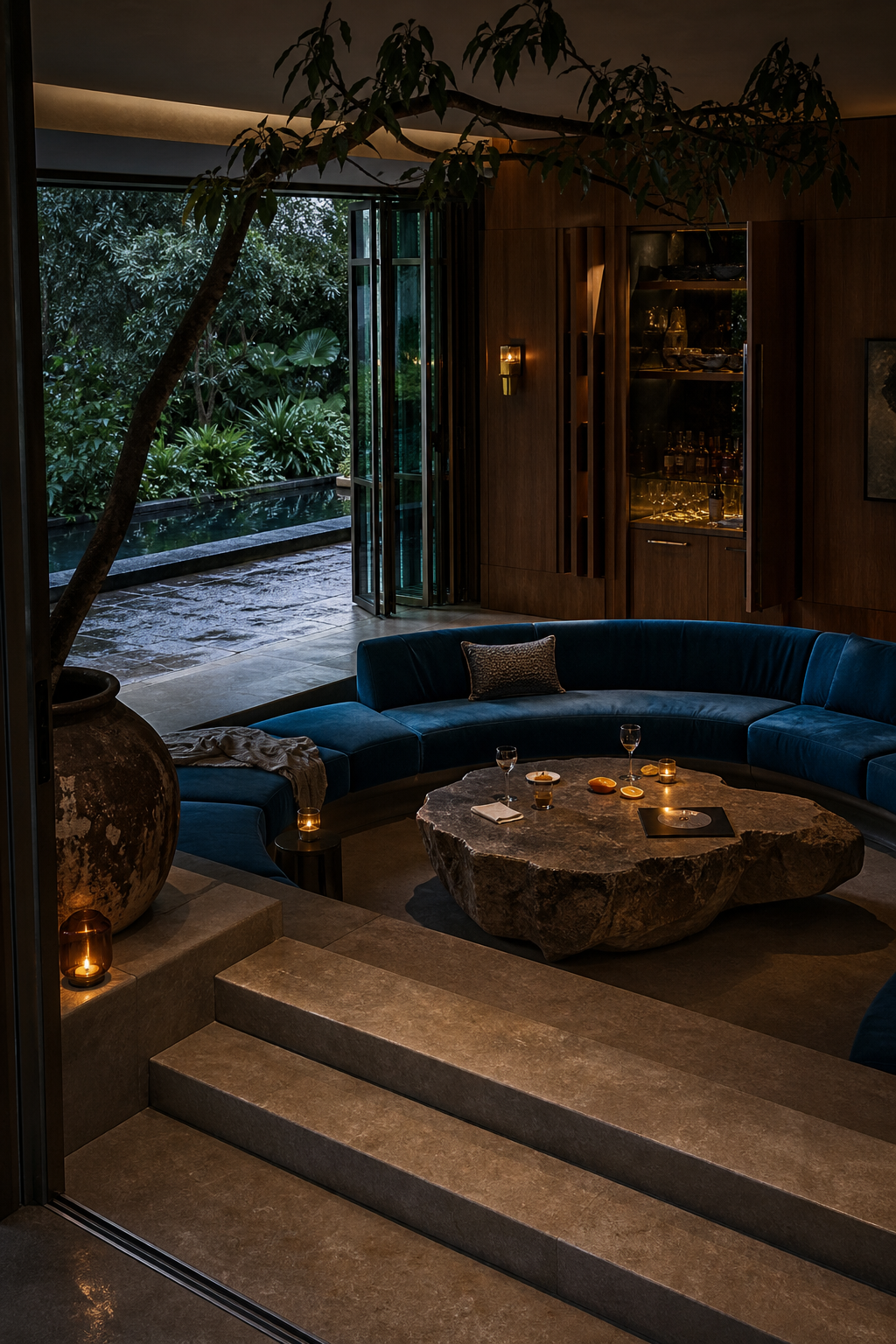 Conceptual AI-modified Sonnetta interior showing a blue sunken conversation room below broad stone steps, opening to a dark garden