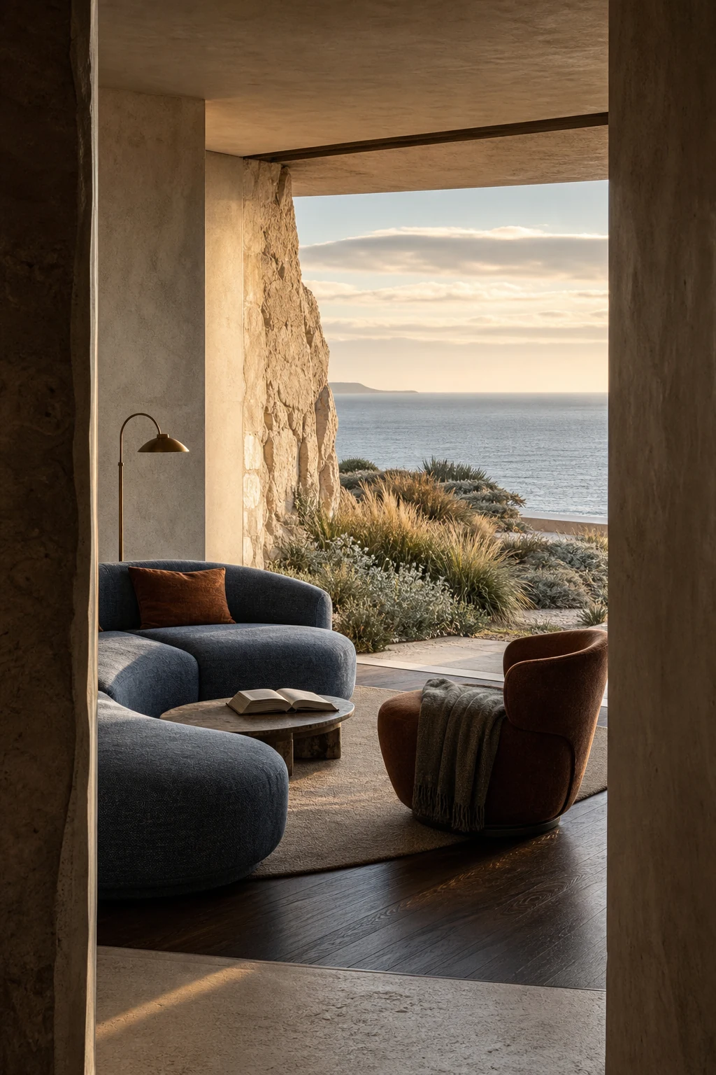 Conceptual AI-modified Sonnetta salon in pale coastal stone, with curved blue seating opening through a planted threshold to the sea