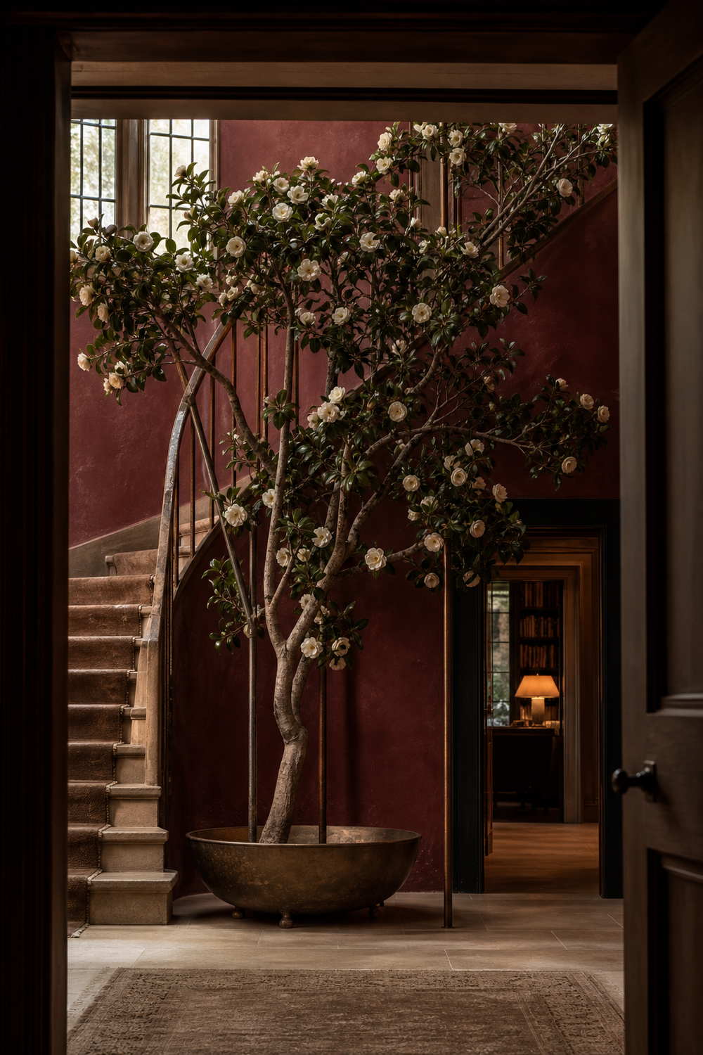Conceptual AI-modified Sonnetta stair hall with a monumental crafted camellia tree rising from an aged-bronze basin